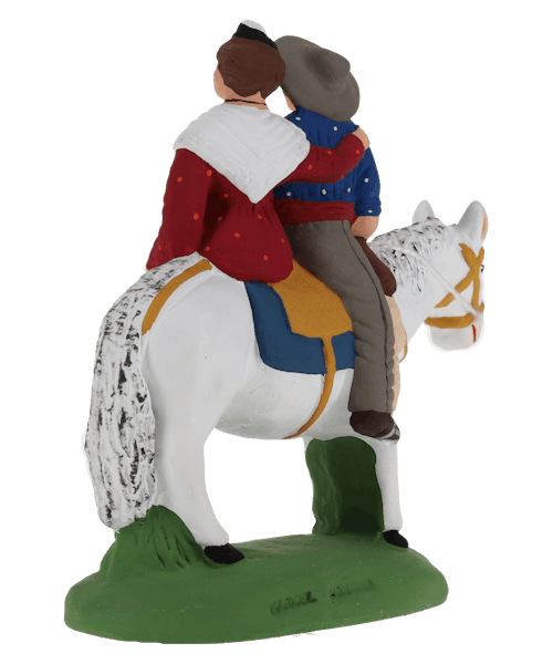 Santon de Provence Gardian & arlesienne à cheval chemise bleue & robe rouge N° 2